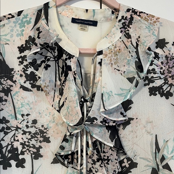 Tommy Hilfiger Floral Ruffle Blouse Lined White Black Turquoise Colors, Size M - Picture 3 of 12